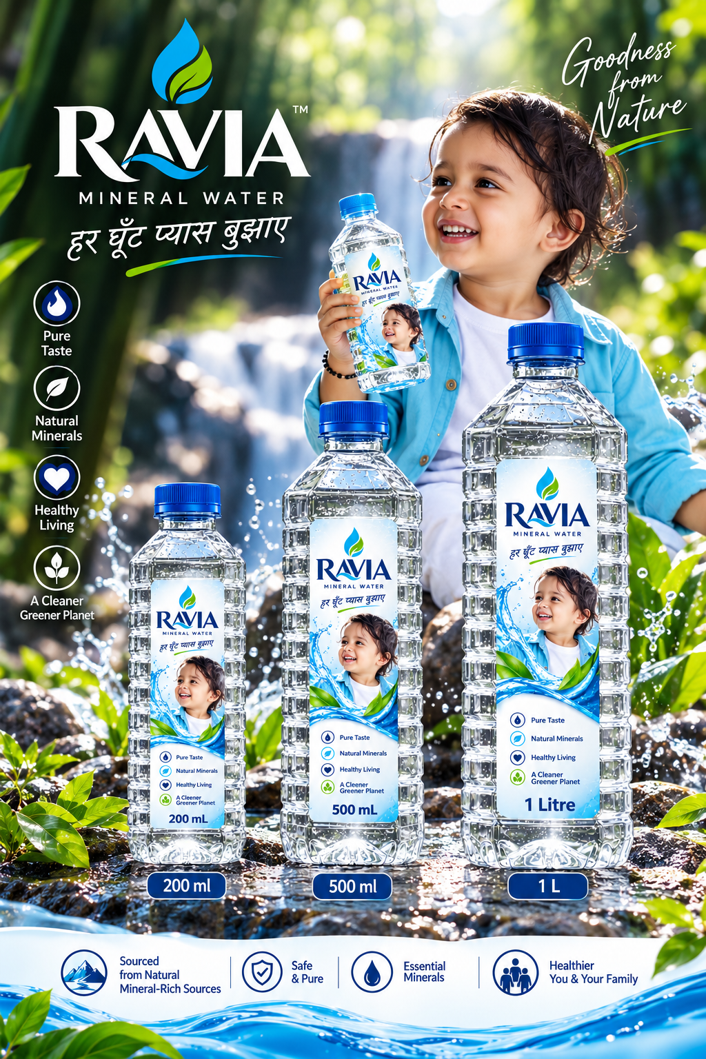 Ravia packaged drinking water 200ml, 500ml, and 1 Litre bottles presented in nature