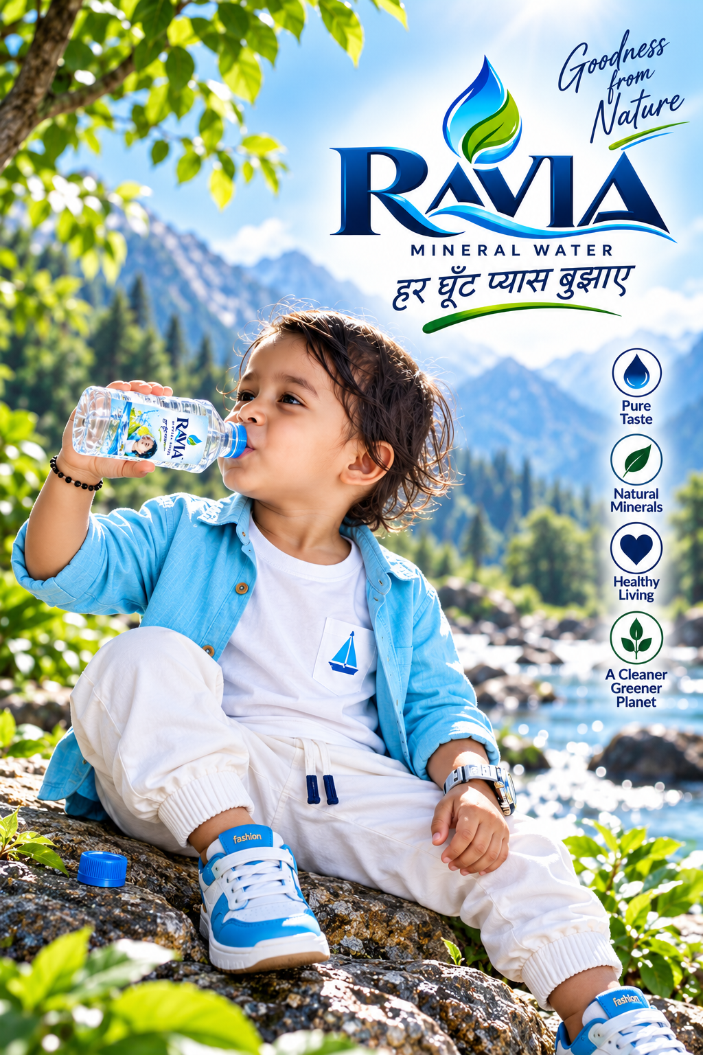 Young boy enjoying crisp Ravia drinking water by a natural mountain stream