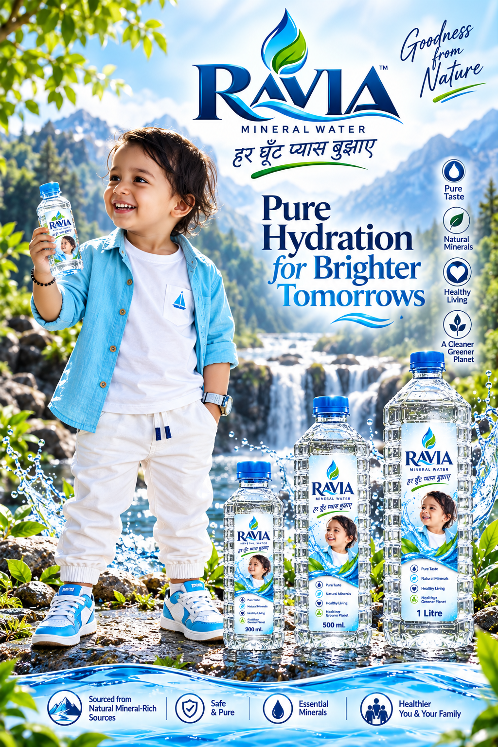 Ravia pure hydration campaign showcasing the signature bottle collection in the great outdoors