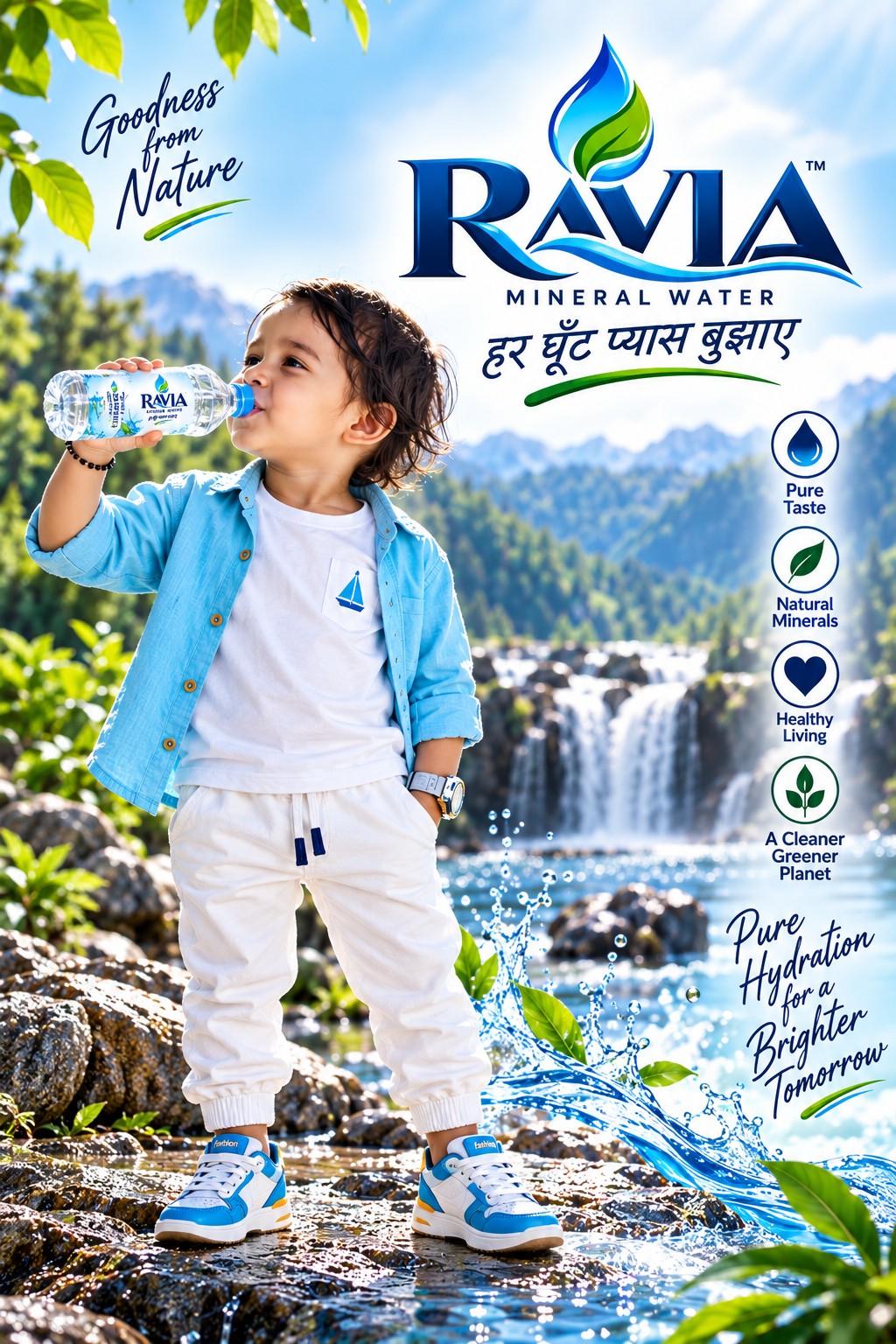 Young boy standing near a waterfall drinking pure Ravia water with refreshing water splash
