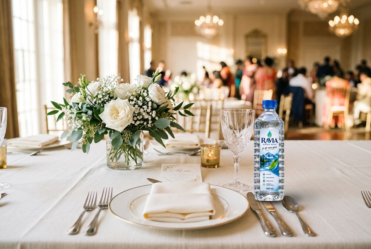 Refined Indian celebration banquet tablescape with Ravia packaged drinking water bottle, crystal water goblet, and delicate floral styling