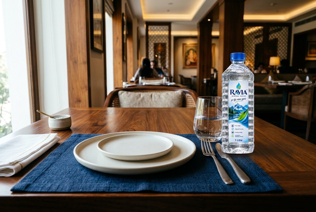 Refined hospitality table setting featuring a 1 Litre Ravia packaged drinking water bottle, water tumbler, and navy linen