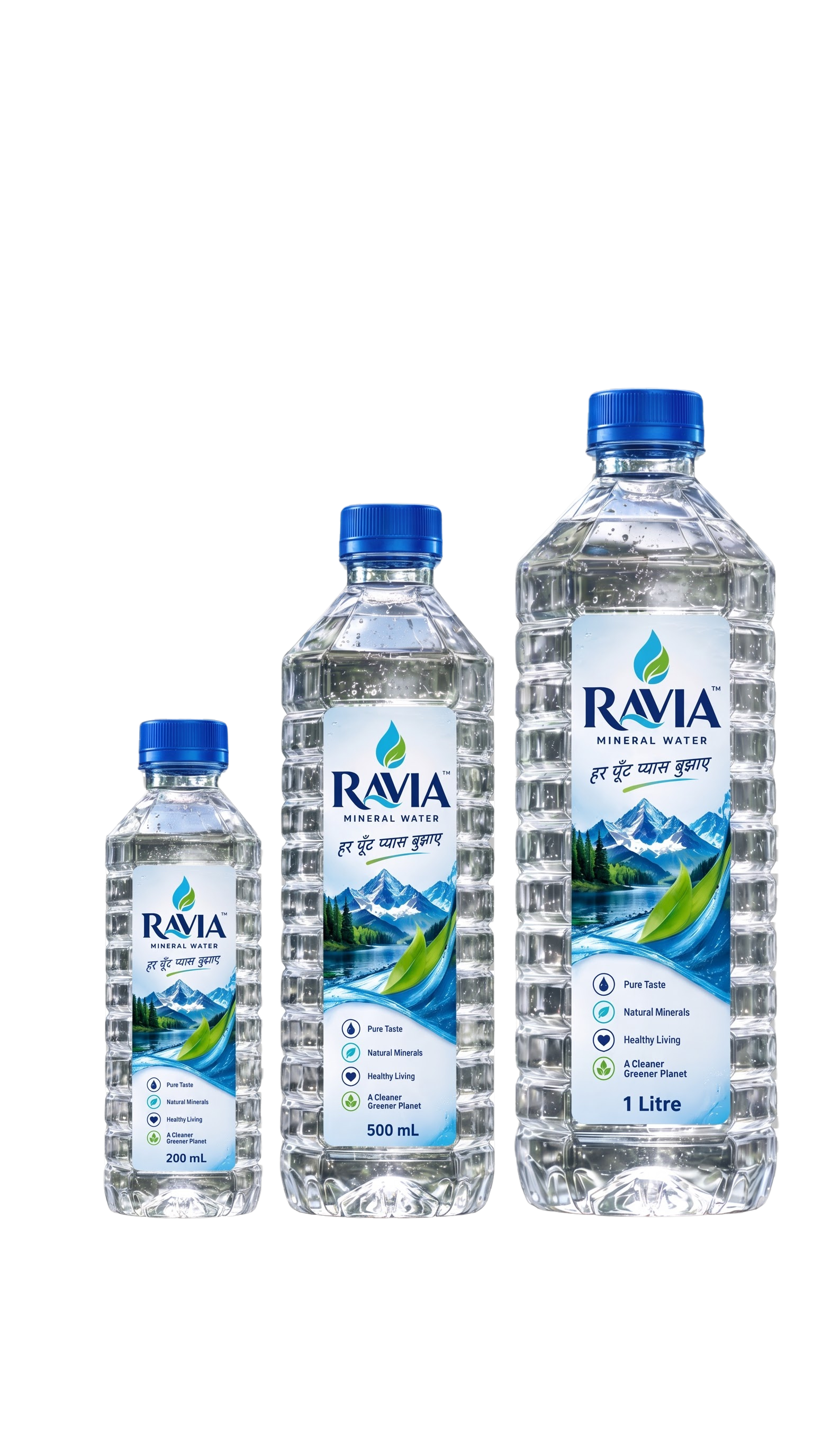 Complete Ravia product range: 200ml, 500ml, and 1000ml packaged drinking water